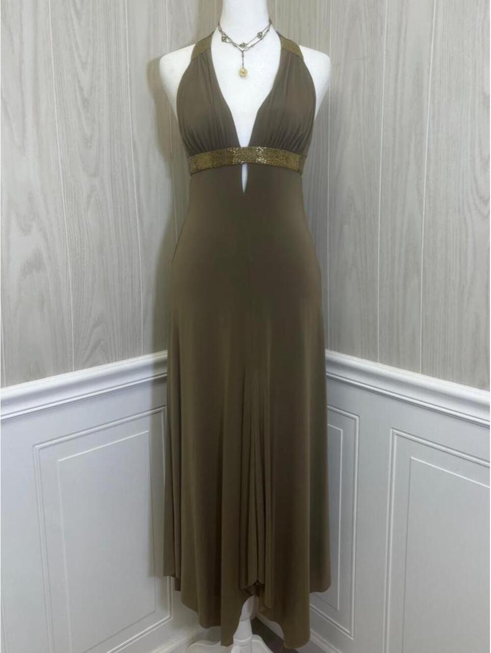 NWT BCBGMAXAZRIA army green maxi dress gold beaded waistband halter neckline.
